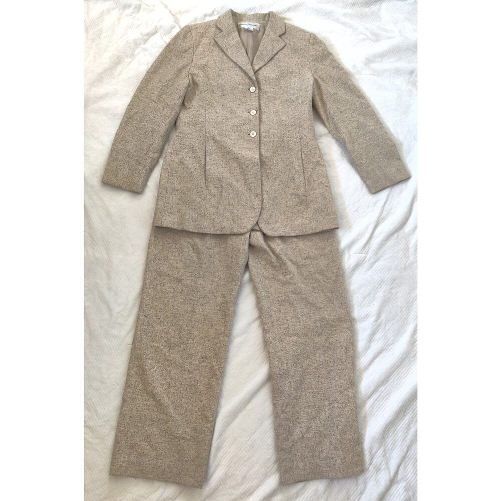 Vintage Rena Rowan Womens Tan Wool Blend Blazer & Pants Size 8/10 Suit Set Tweed